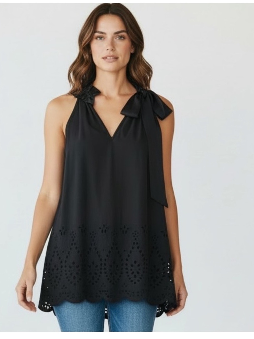 Karen Kane Black Sleeveless Eyelet Blouse w/ Ruffle Neck Tie Size S